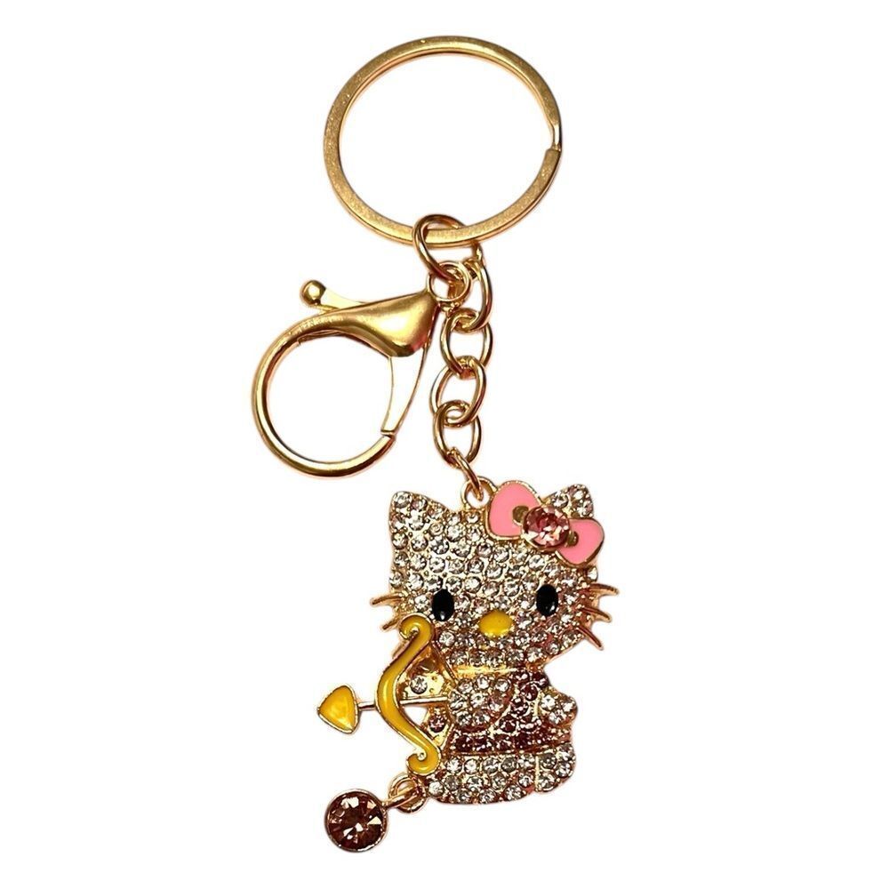 Cute Cupid Hello Kitty Purple And Clear Crystal Yellow Bow Keychain